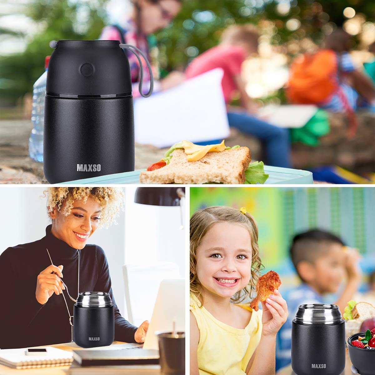 MAXSO 24oz negro, tapa segura para evitar derrames durante el transporte.