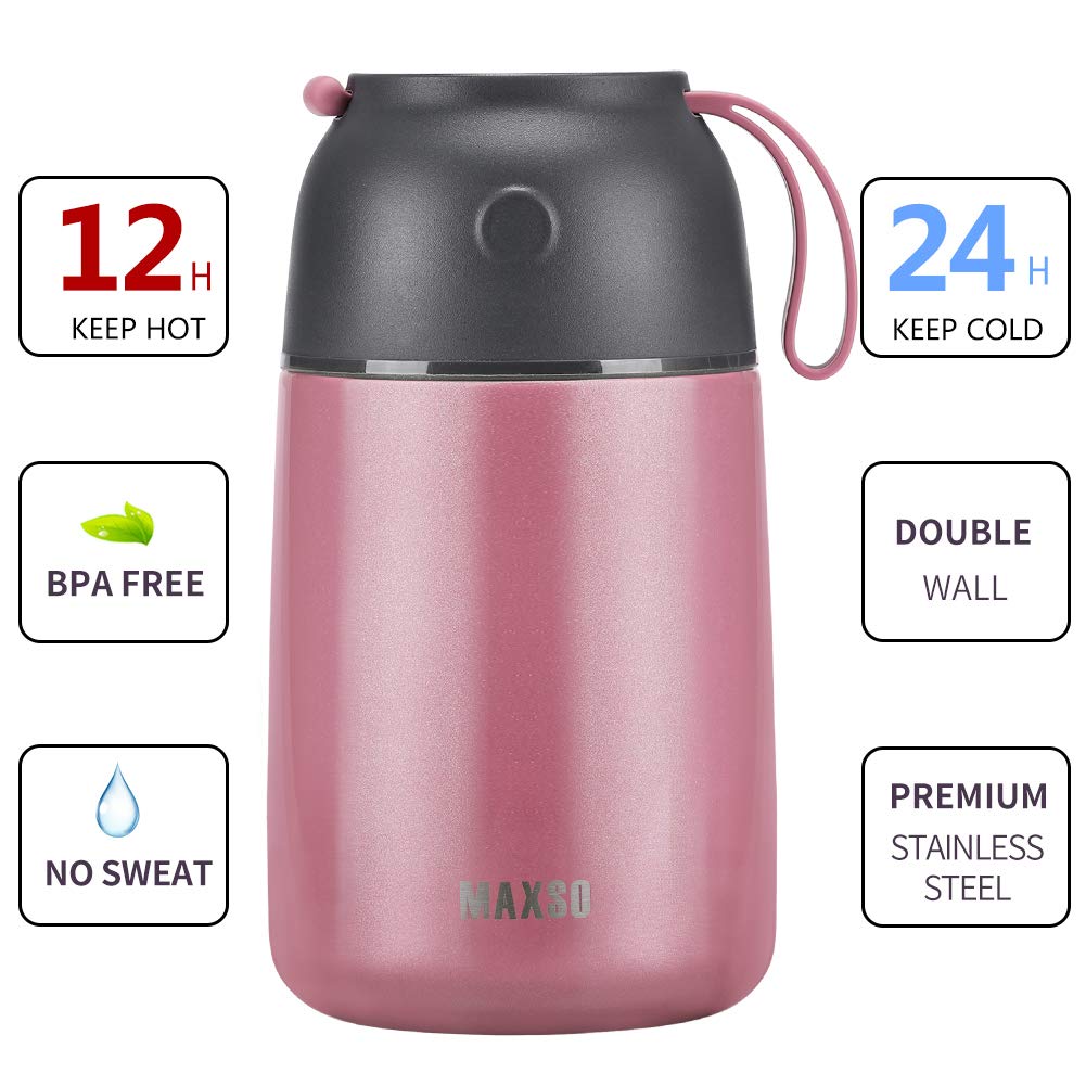 MAXSO termo de comida, conjunto 17oz, rosado, perfecto para meriendas escolares.