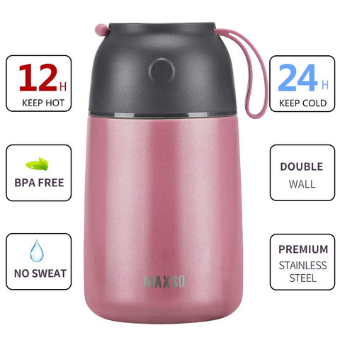 MAXSO termo de comida, conjunto 17oz, rosado, perfecto para meriendas escolares.