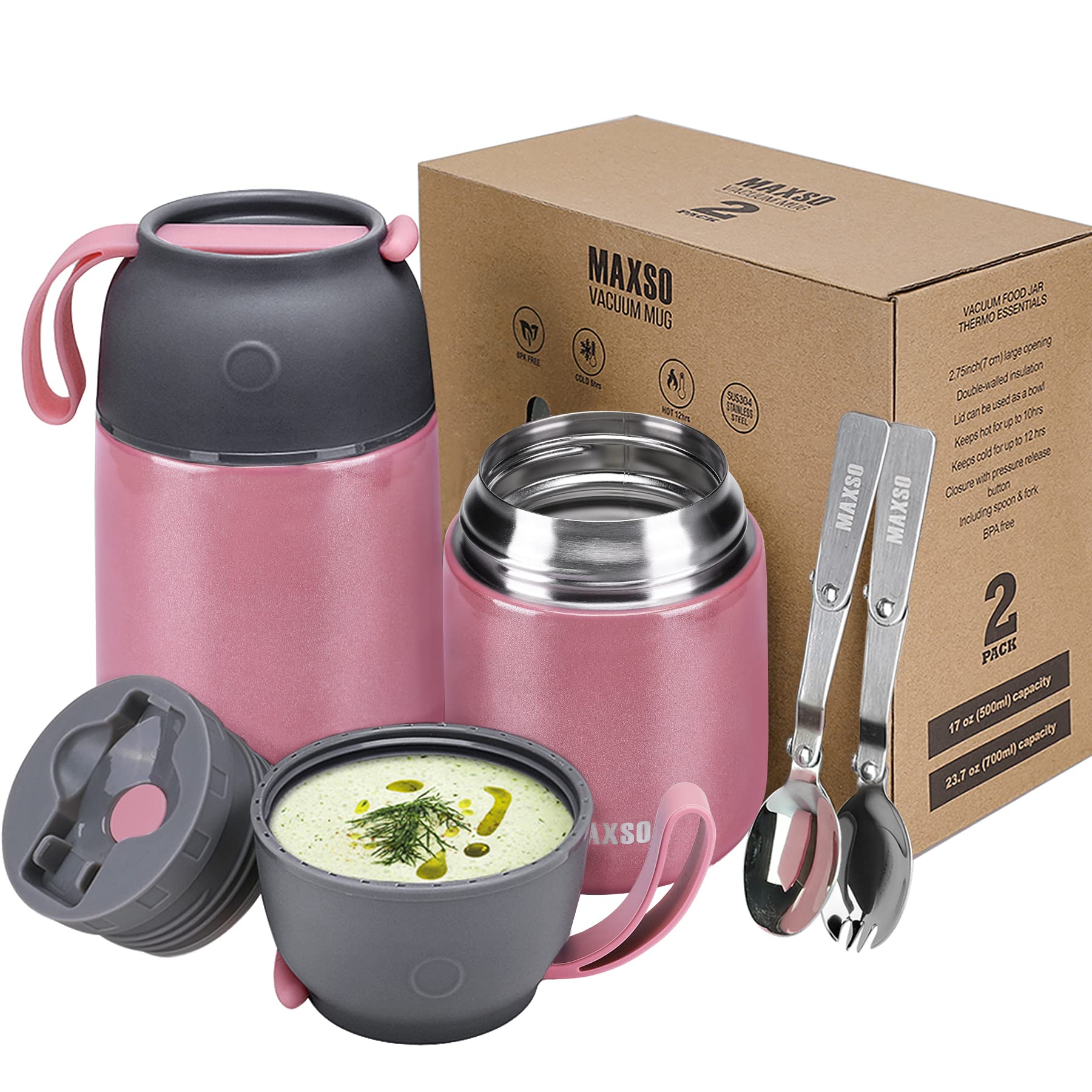 MAXSO termo de comida, conjunto de dos, 24oz, rosado, ideal para almuerzos diarios.