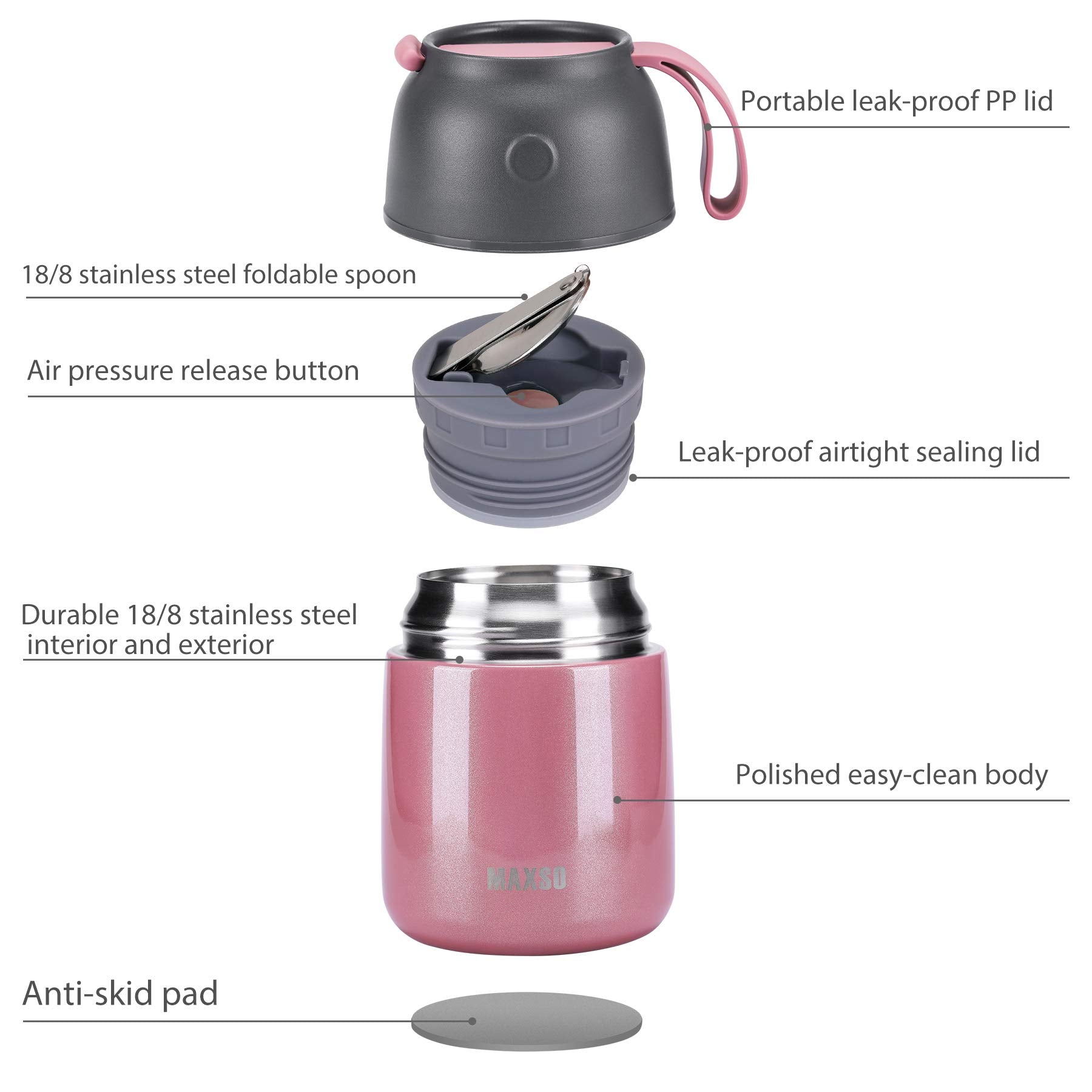 MAXSO termo de comida, cuchara plegable incluida, práctico para comidas fuera de casa.