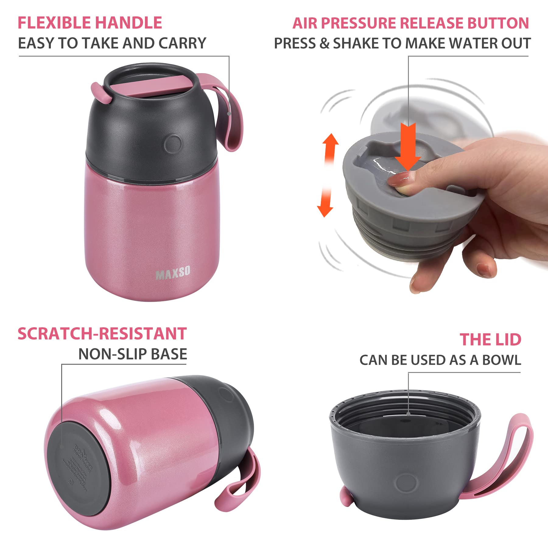 MAXSO termo de comida, diseño a prueba de derrames, seguridad en bolsos.