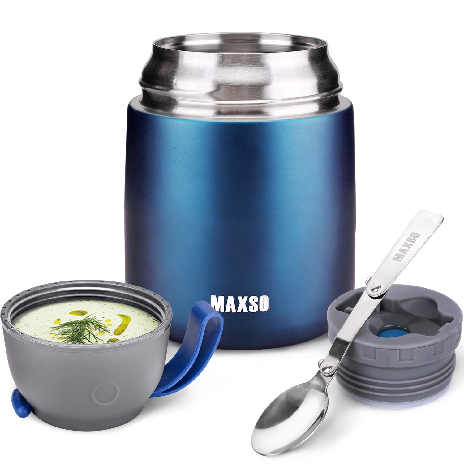 MAXSO termo para sopa frente, azul oscuro, cómodo para llevar comidas.
