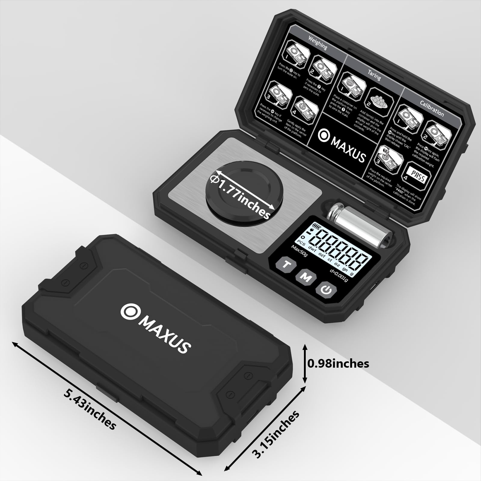MAXUS balanza-digital-50g-0-001g función tara para mediciones limpias.