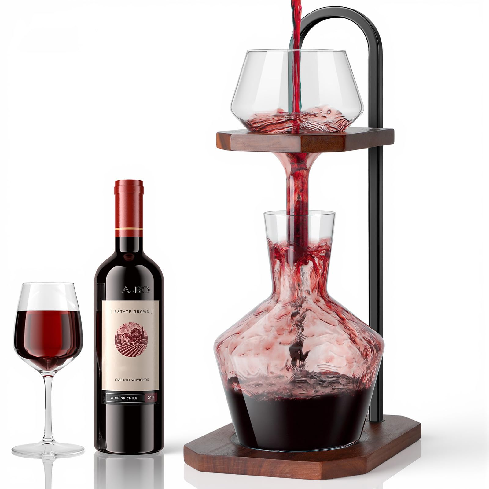 MAYELM Decantador de vino con base de madera y soporte de acero para aeración eficiente.