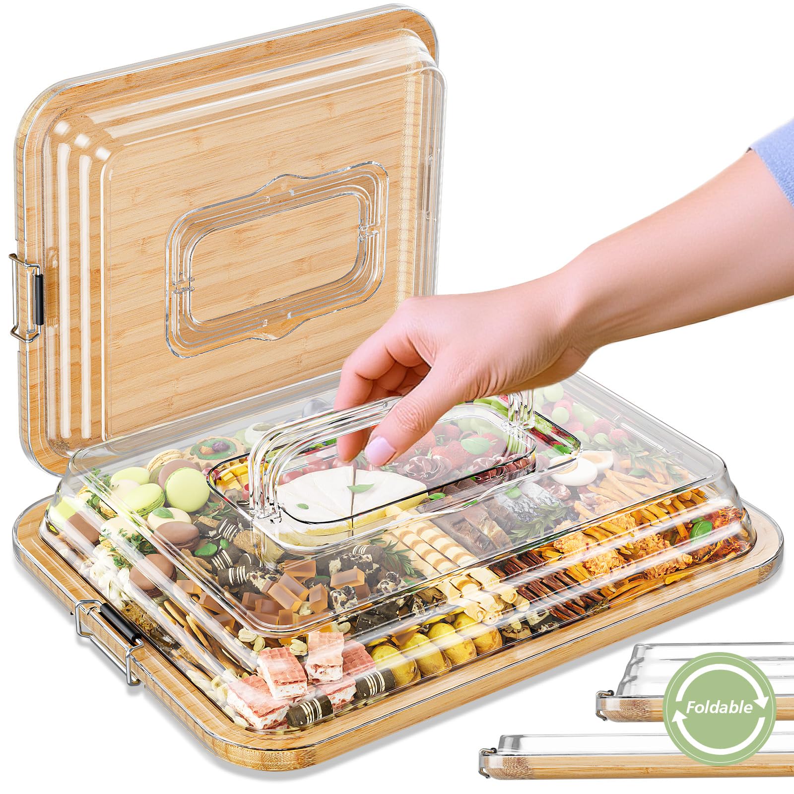 Mayelm tablero de charcutería de bambú con tapa plegable transparente para almacenamiento práctico.