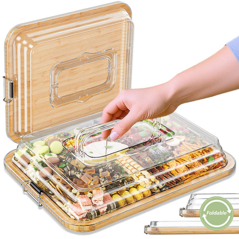 Mayelm tablero de charcutería de bambú con tapa plegable transparente para almacenamiento práctico.