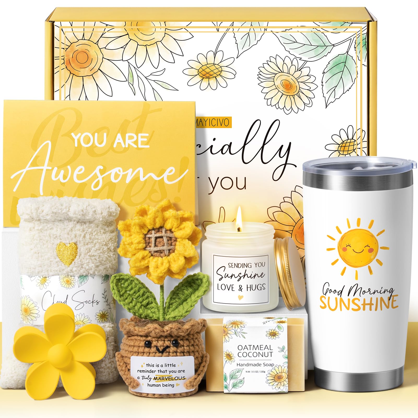 Caja regalo MAYICIVO con girasoles, ideal para cumpleaños y gestos de ánimo.