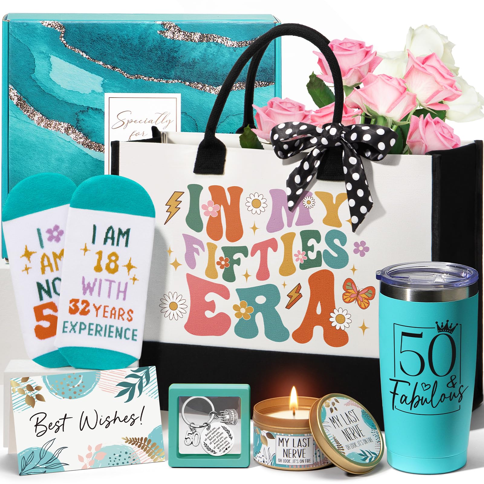 MAYICIVO cesta regalo 50 aniversario para mujer, tote de lona incluido, ideal para celebrar.