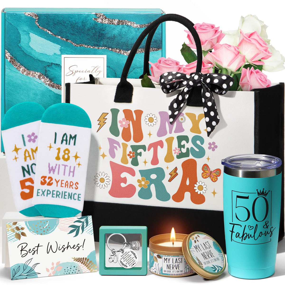 MAYICIVO cesta regalo 50 aniversario para mujer, tote de lona incluido, ideal para celebrar.