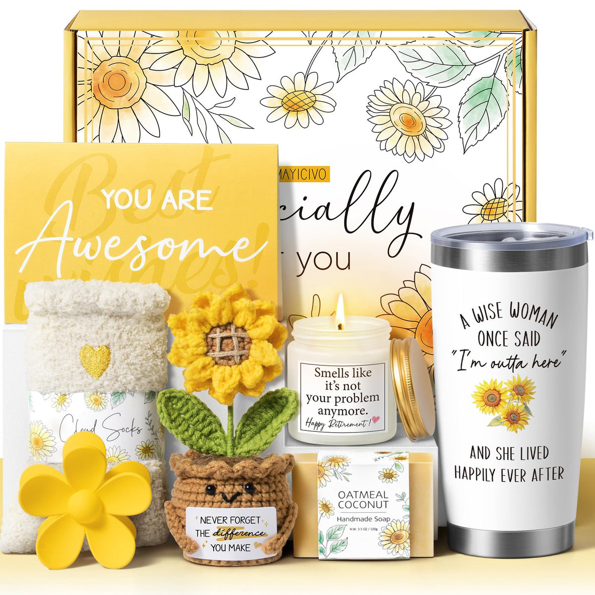 MAYICIVO girasol crochet artesanal, regalo de jubilación decorativo y alentador para espacios
