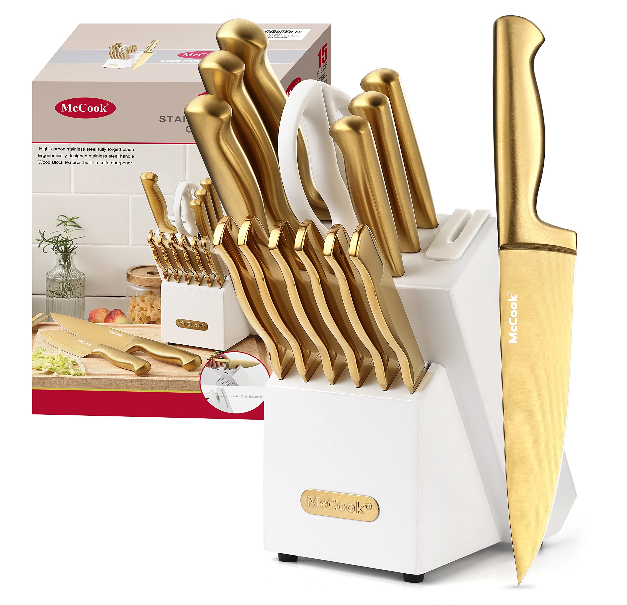 McCook conjunto de cuchillos dorados de titanio en bloque, diseño elegante para la cocina