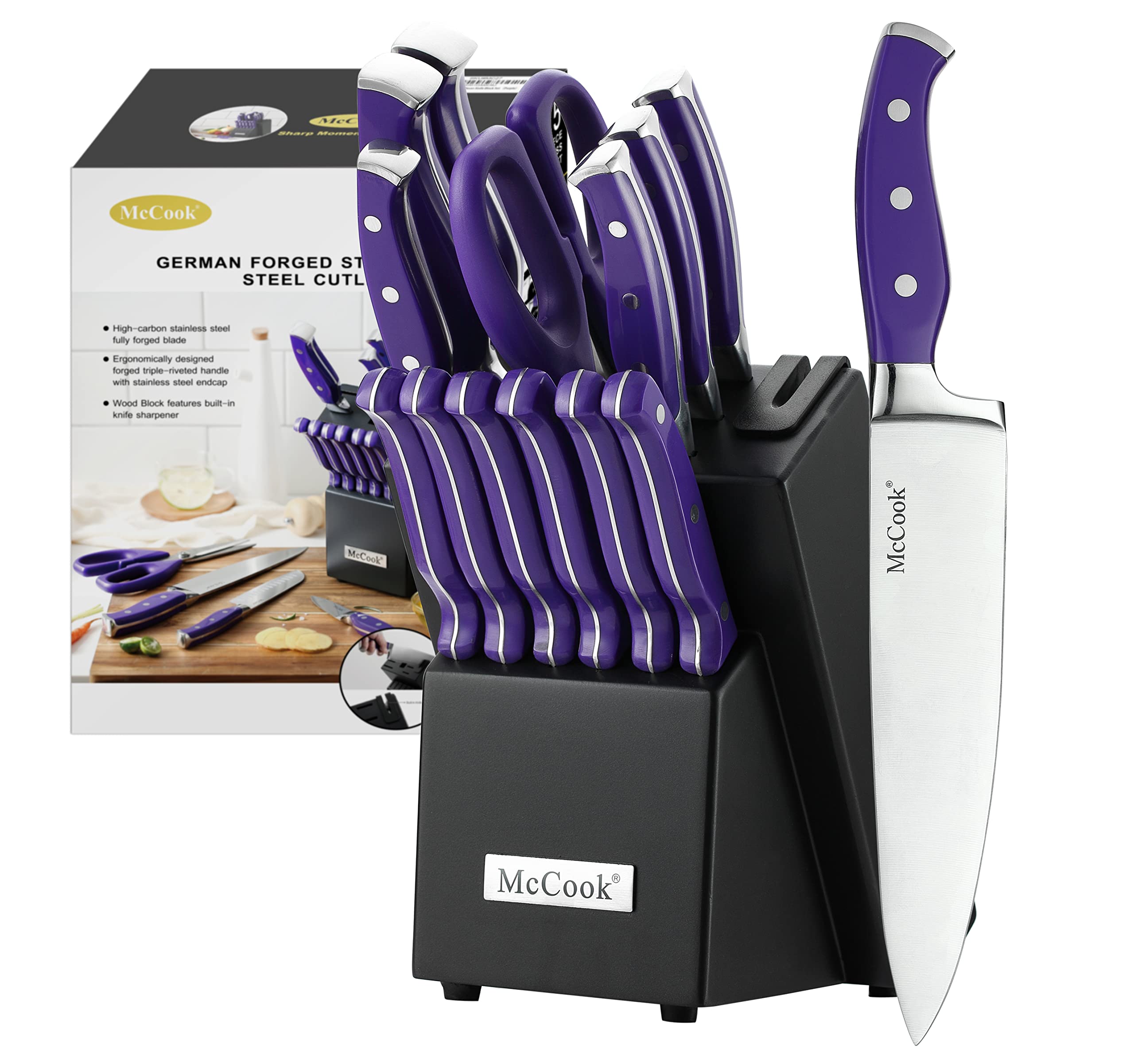 Conjunto McCook MC27 de 14 piezas en bloque de madera violeta para almacenar la cocina.