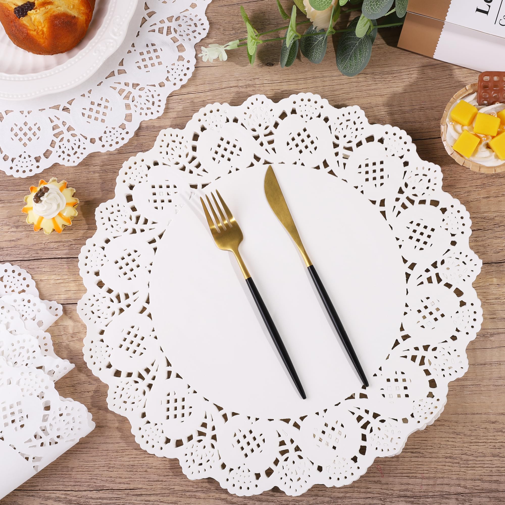MCEAST mantelitos de papel redondos con encaje blanco para mesas elegantes en comidas