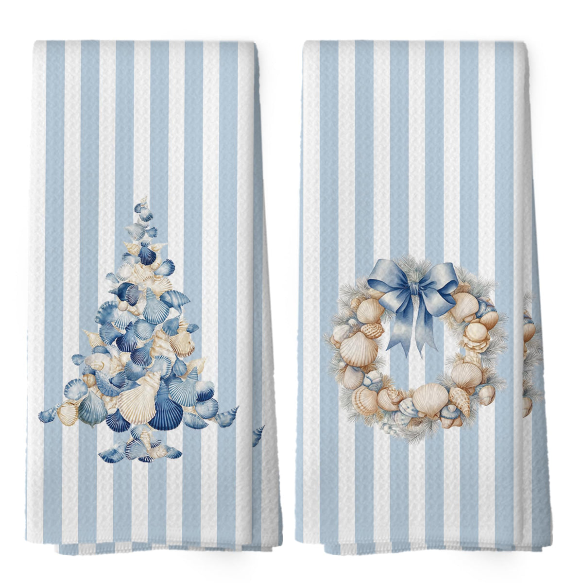 Toalla Mcehtle con diseño costero y arbol conchas, ideal para secar platos.
