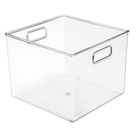 mdesign organizador-bandejas plástico con asas claro 4-pack vista frontal facilita localizar objetos