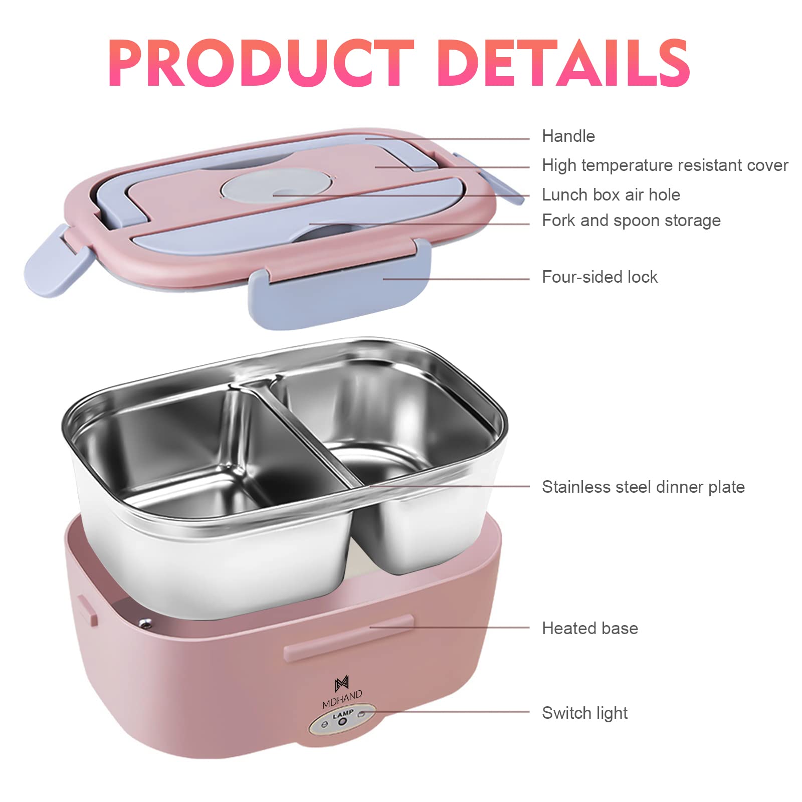 MDHAND caja de almuerzo con bandeja extraíble para limpieza fácil