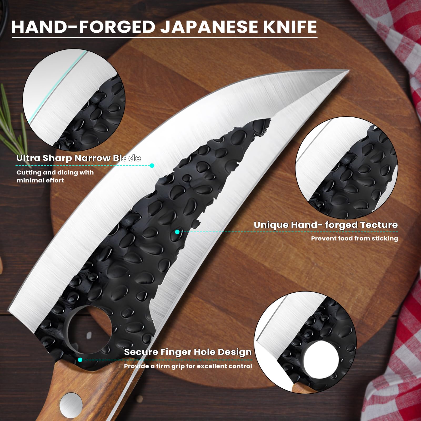Cuchillo MDHAND con funda de cuero para transporte seguro.