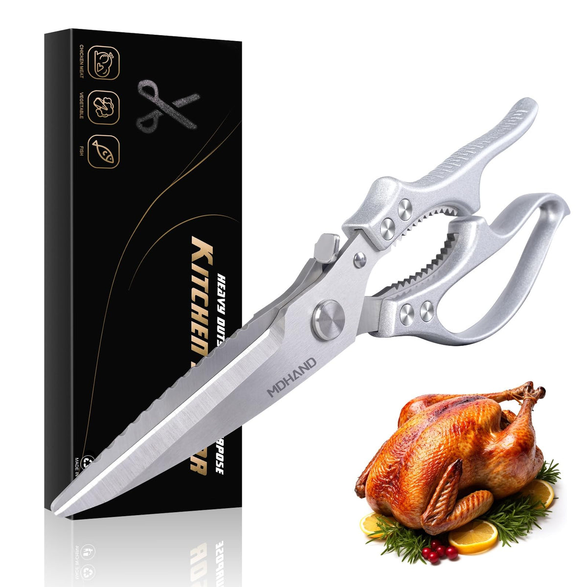 Tijeras MDHAND para cortar pollo con precisión y seguridad en la cocina