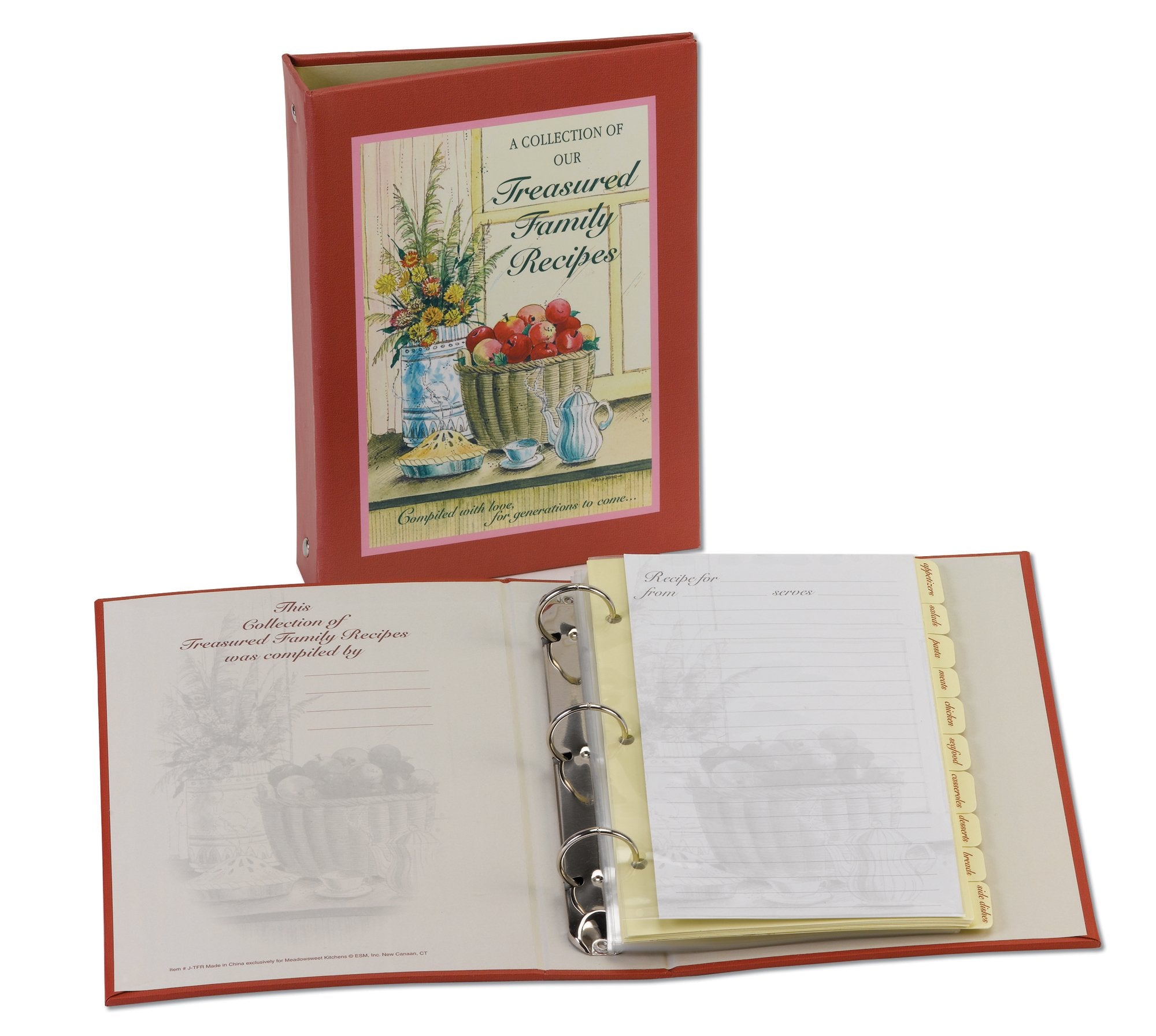 Meadowsweet Kitchens diario recetas familiar con portada roja y amarilla para conservar recetas.
