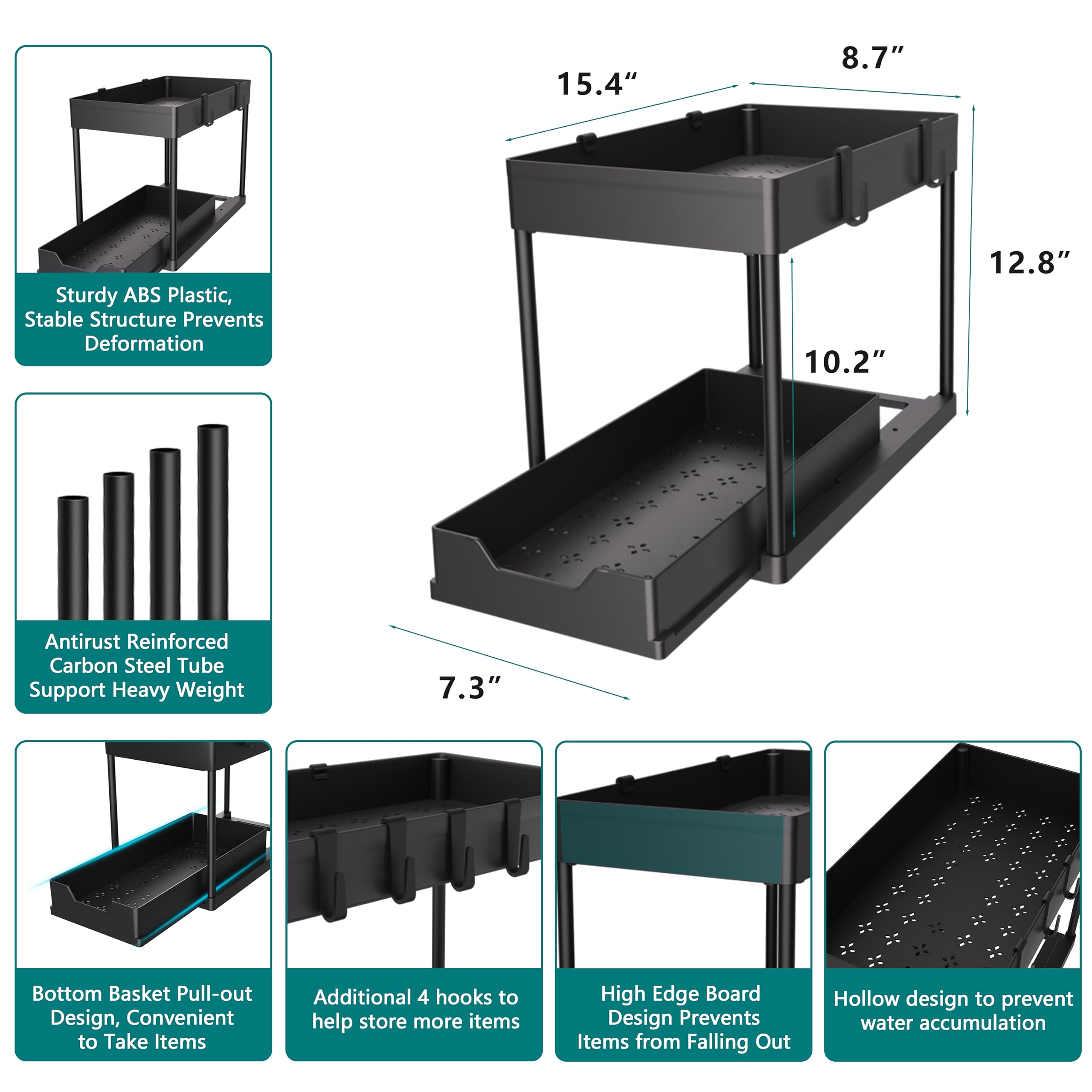 MEAFBIRD organizador bajo fregadero de dos niveles con cesta deslizante, ideal para despensa pequeña.
