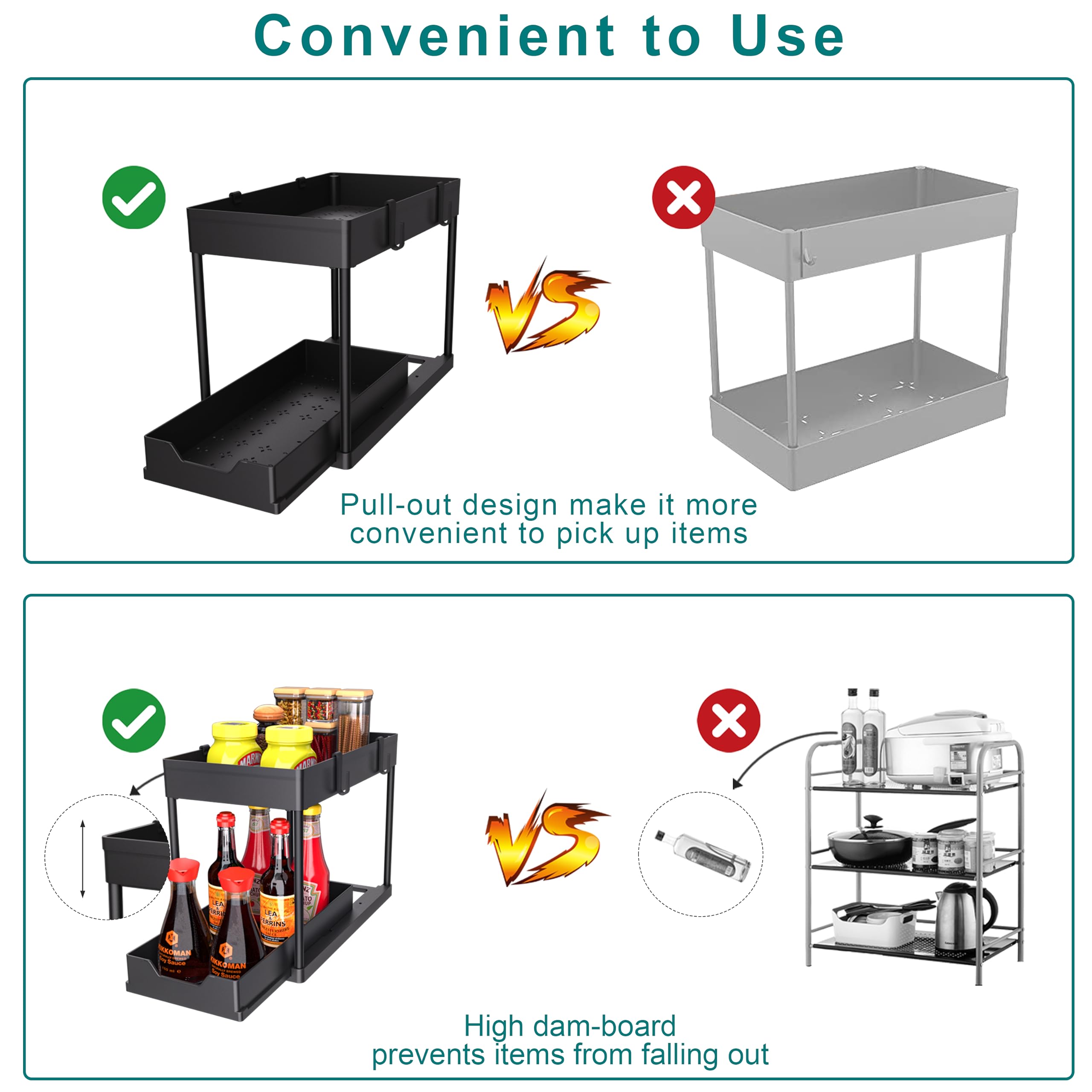 MEAFBIRD organizador bajo fregadero acabado negro, compacto y apto para baño o cocina.