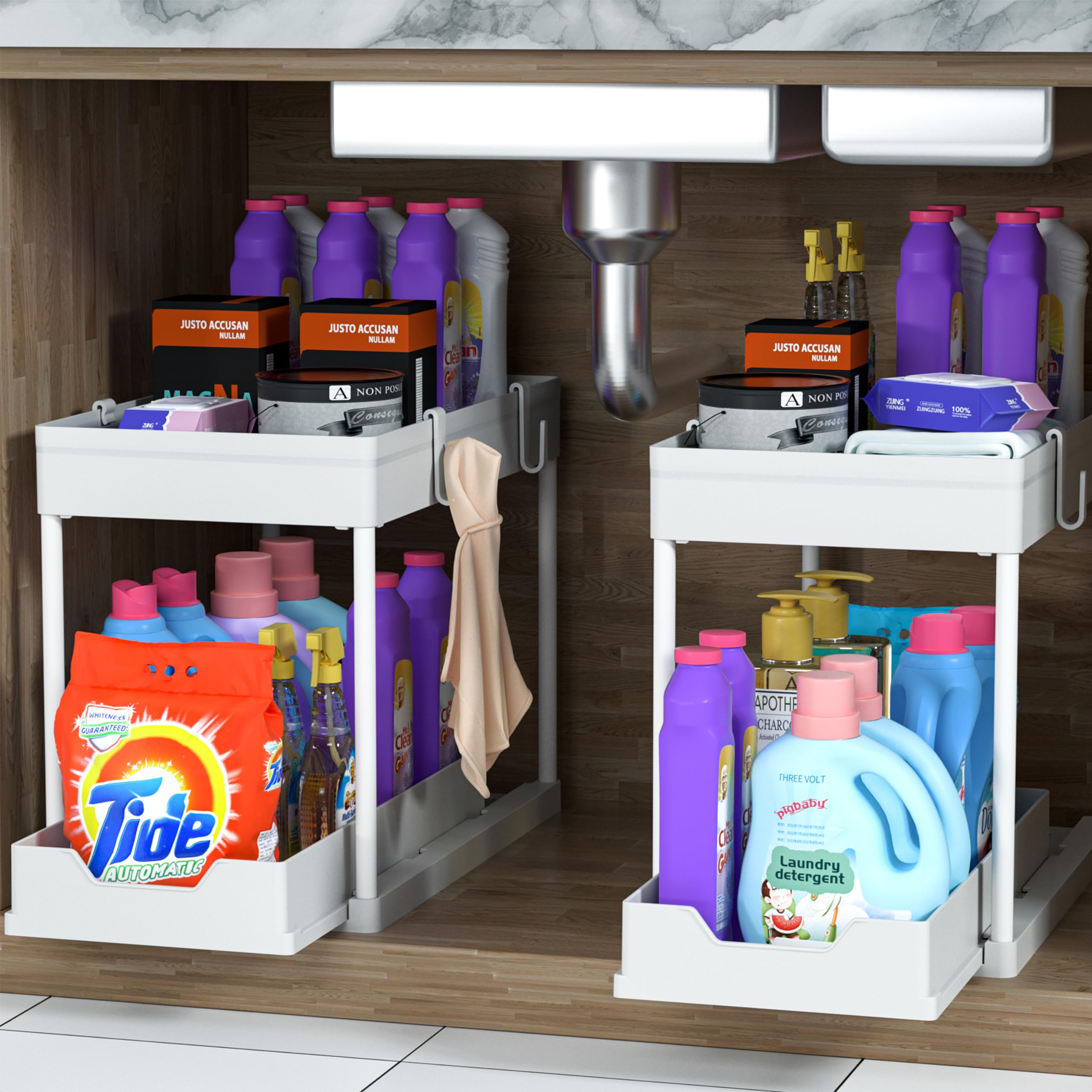 MEAFBIRD organizador bajo lavabo con cestas deslizantes para optimizar espacio.