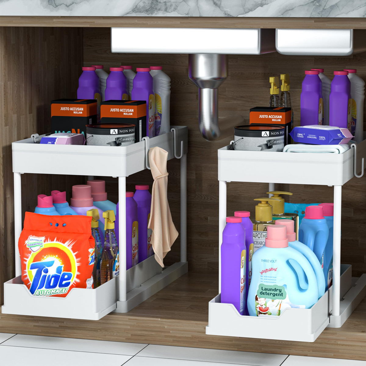 MEAFBIRD organizador bajo lavabo con cestas deslizantes para optimizar espacio.