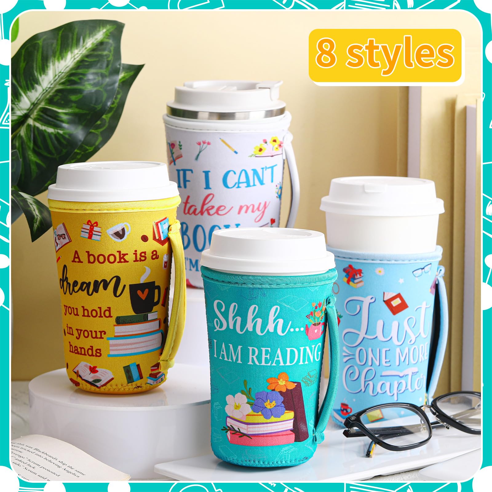 Meanplan funda para bebidas con temática de libros, perfecta para clubes de lectura.