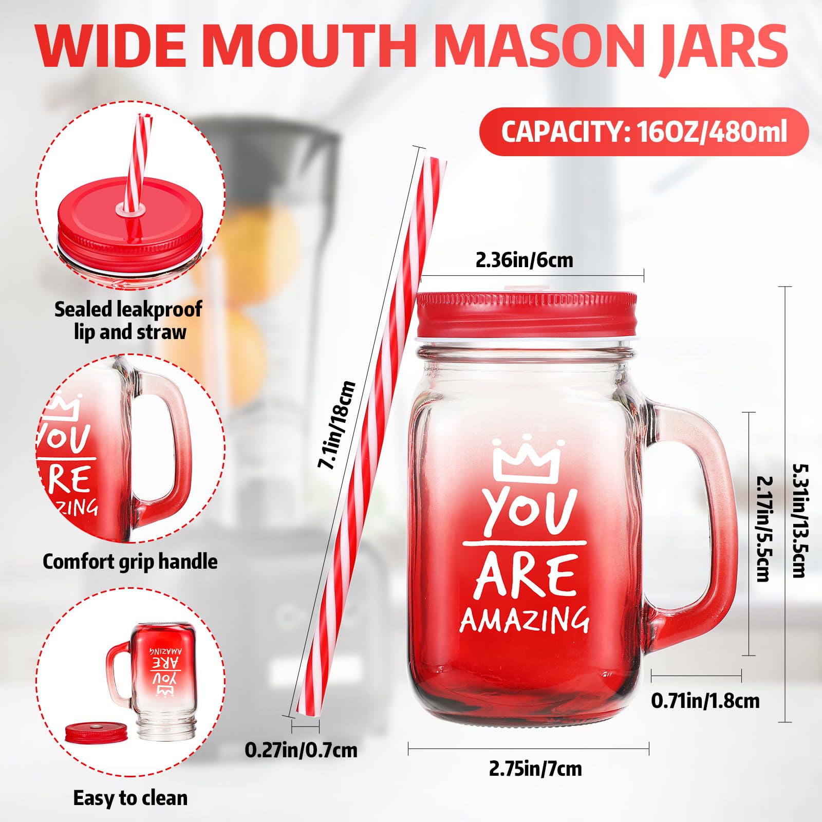 Meanplan vaso de vidrio con asa y tapa rojo 16 onzas, cómodo para beber en la oficina.