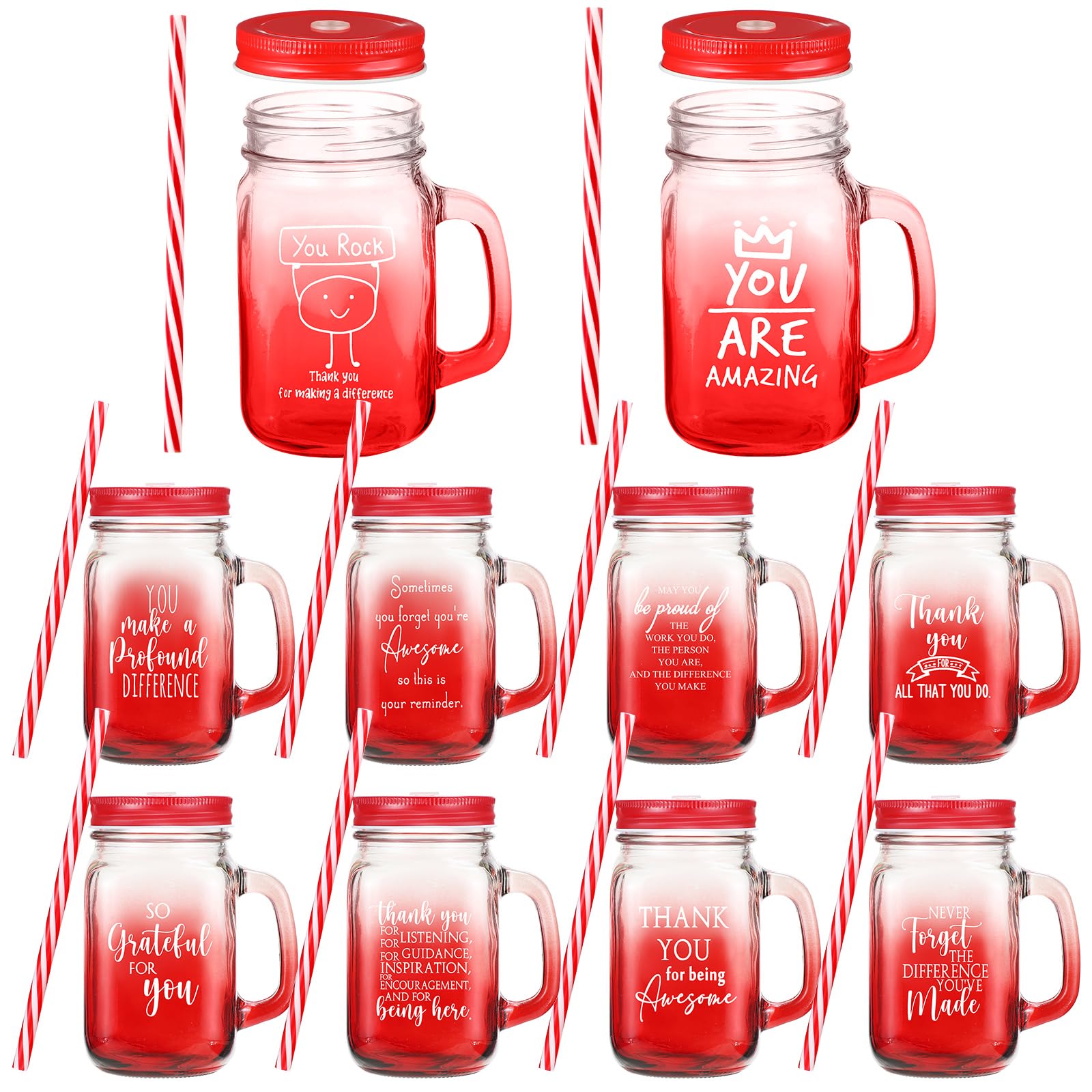 Meanplan vaso de vidrio 10 piezas con tapa y pajilla rojo, ideal como regalo de agradecimiento.