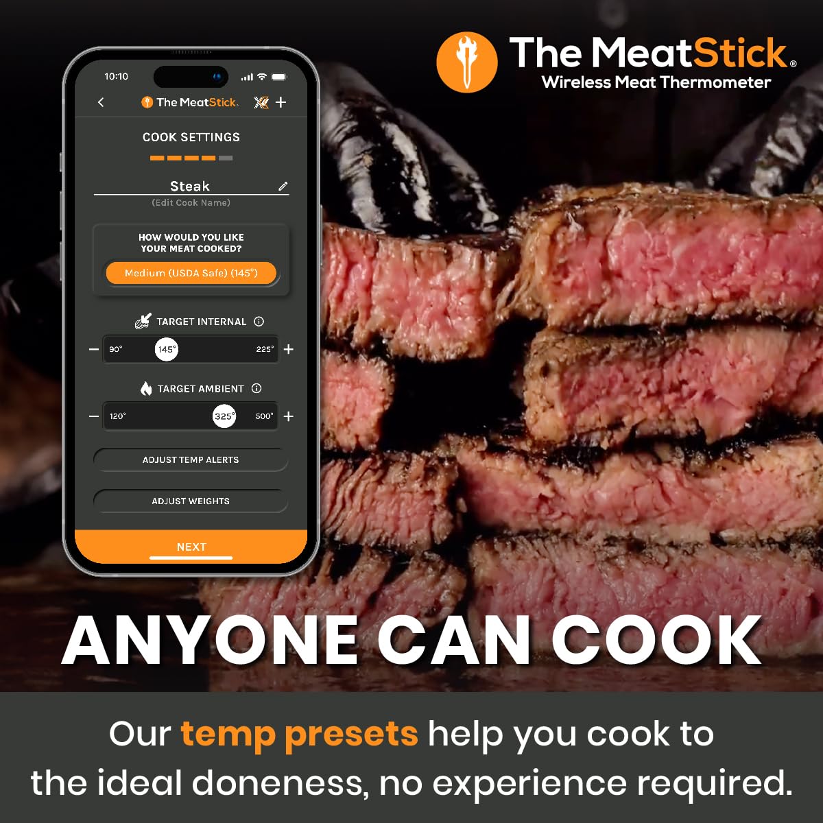 MeatStick sonda interna que mide hasta 212 °F para precisión