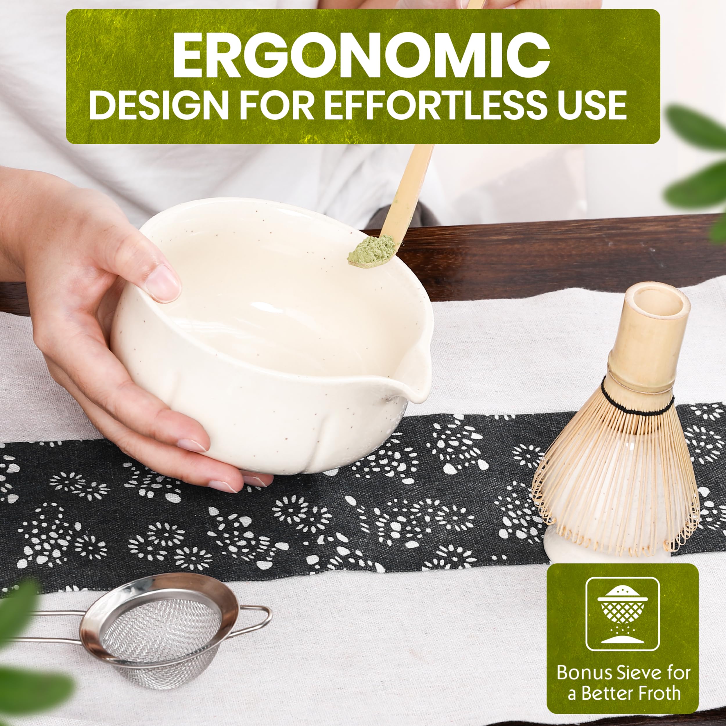 MEAZDUS conjunto-matcha-offwhite: diseño elegante para rituales matutinos de té.