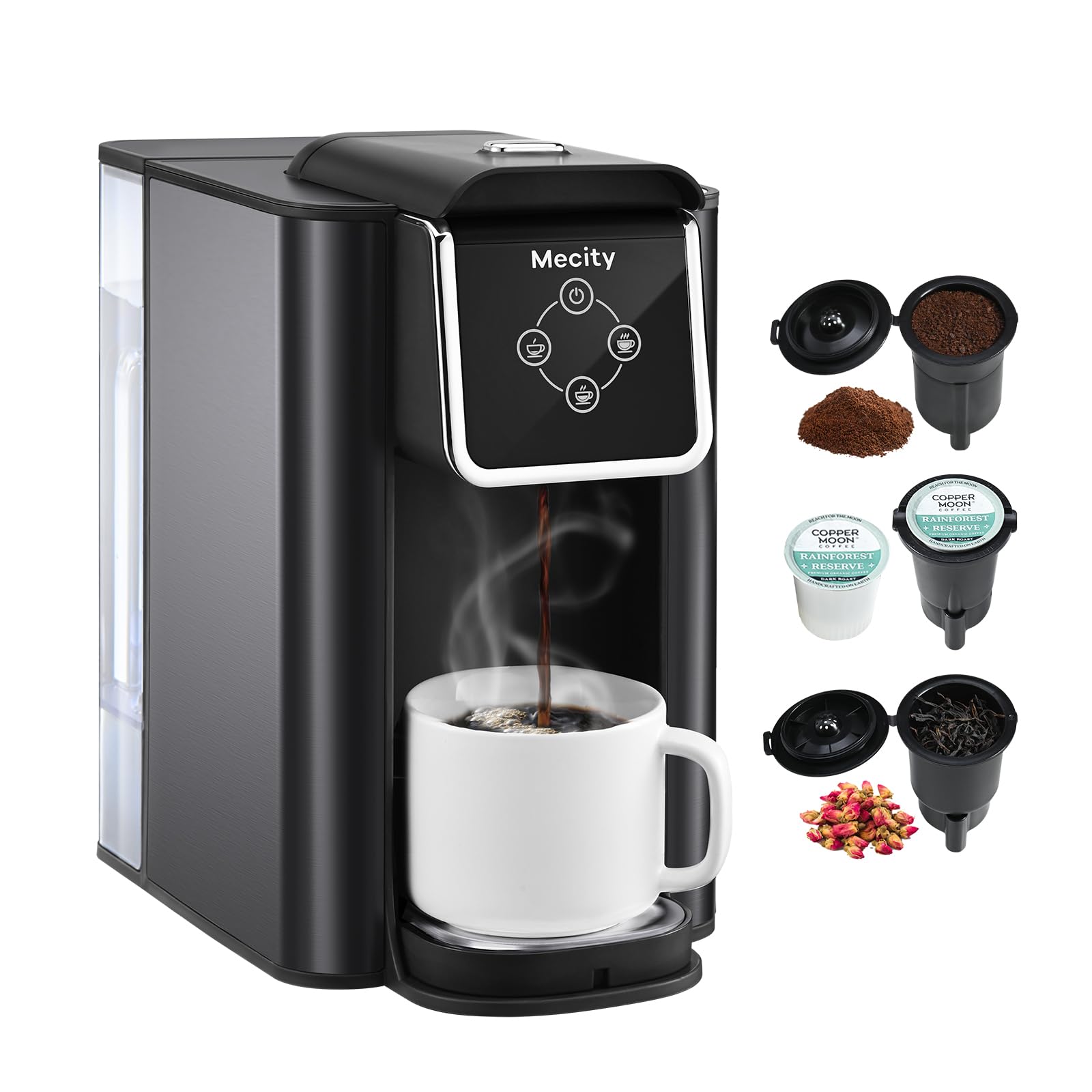 Mecity Cafetera 3 en 1 lista para cápsulas k-cup y café rápido.
