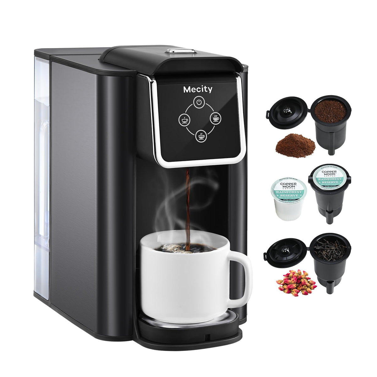 Mecity Cafetera 3 en 1 lista para cápsulas k-cup y café rápido.