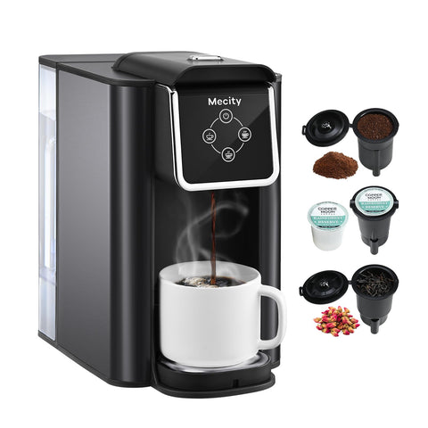 Mecity Cafetera 3 en 1 lista para cápsulas k-cup y café rápido.