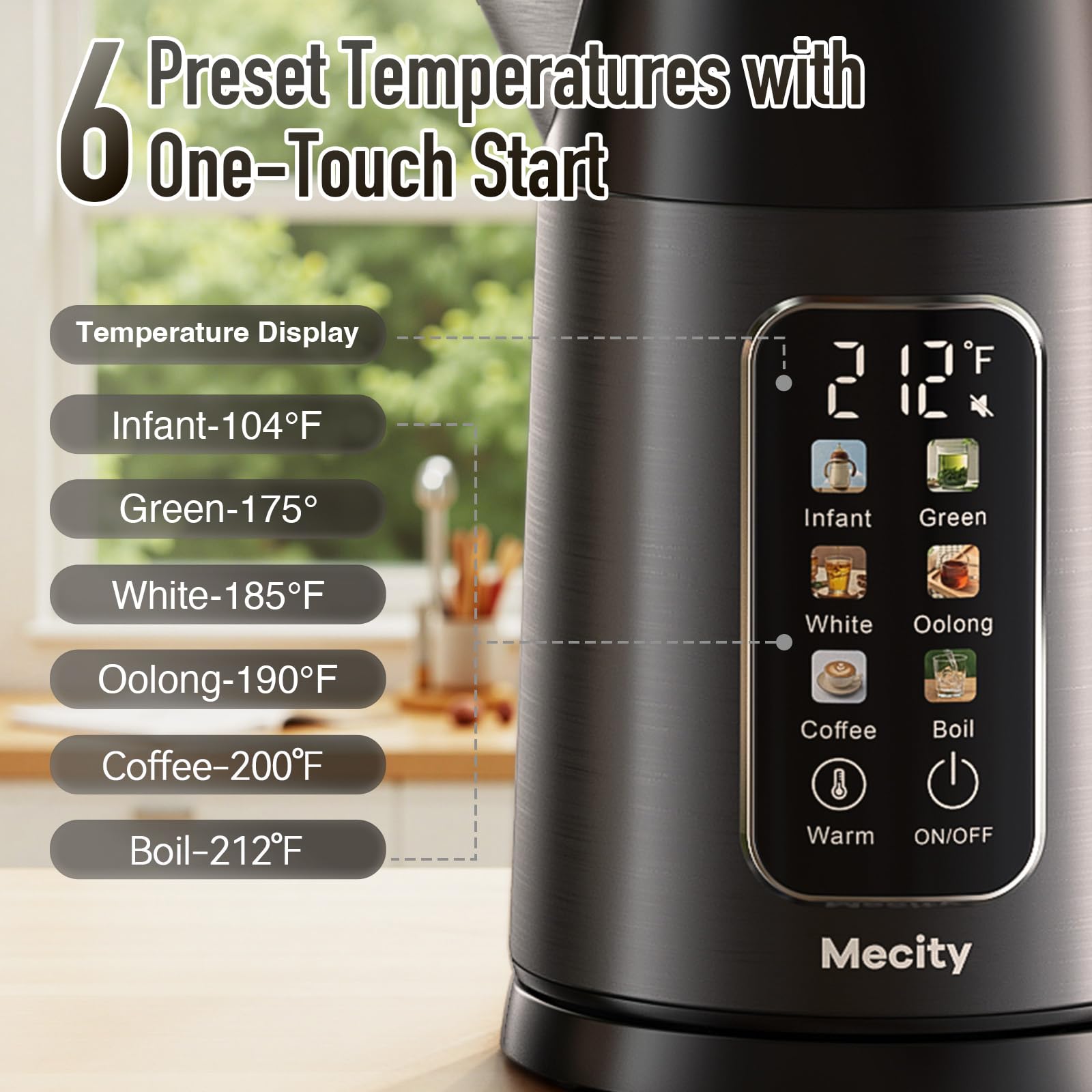 Mecity hervidor eléctrico 1.7L primer plano de la pantalla táctil
