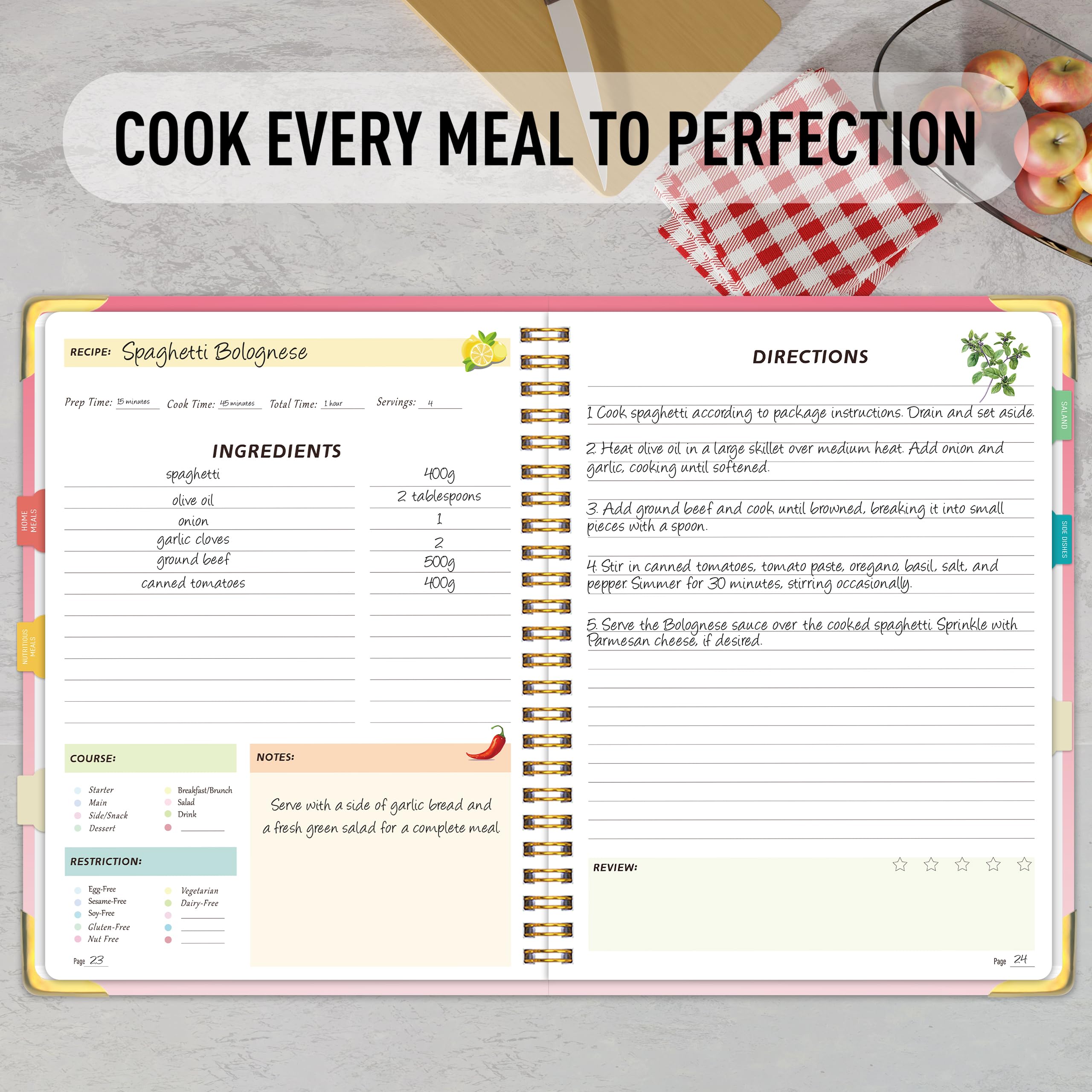 meDolove, pestanas y etiquetas para clasificar recetas y secciones.