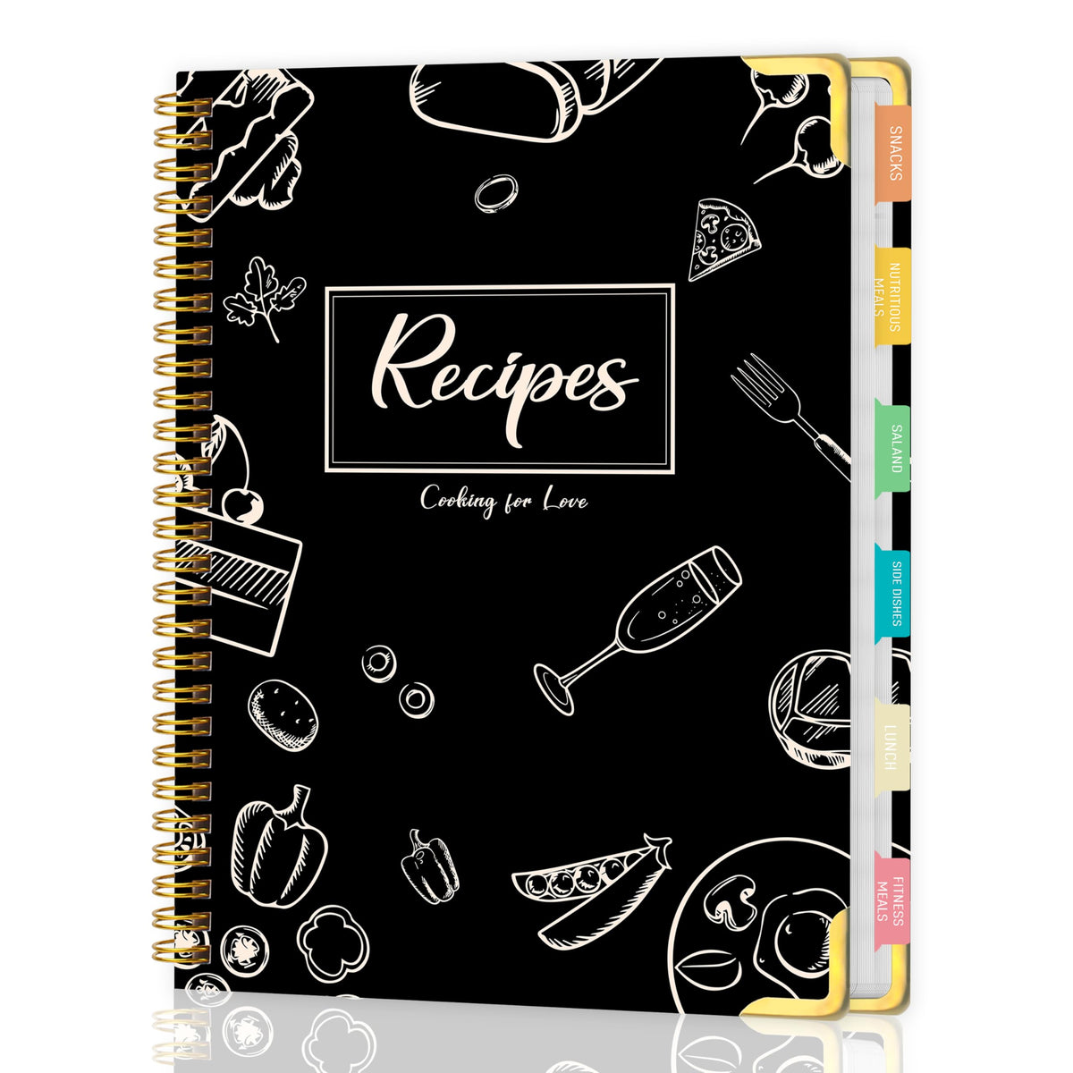 meDolove libro de recetas con tapa dura negra, perfecto para uso diario en la cocina.