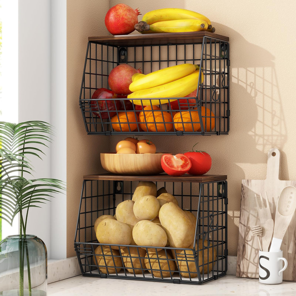 Cesta Mefirt dos piezas con tapa de madera para encimera, ideal para organizar frutas.