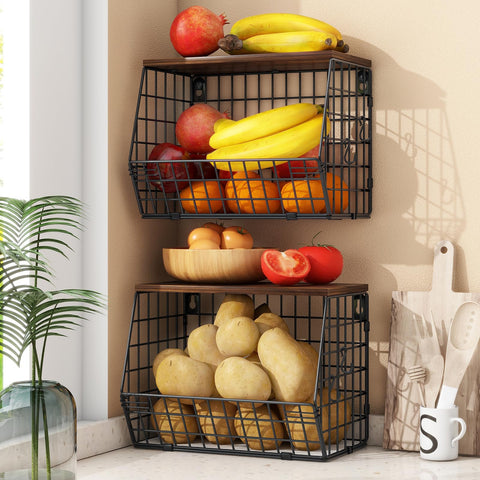 Cesta Mefirt dos piezas con tapa de madera para encimera, ideal para organizar frutas.