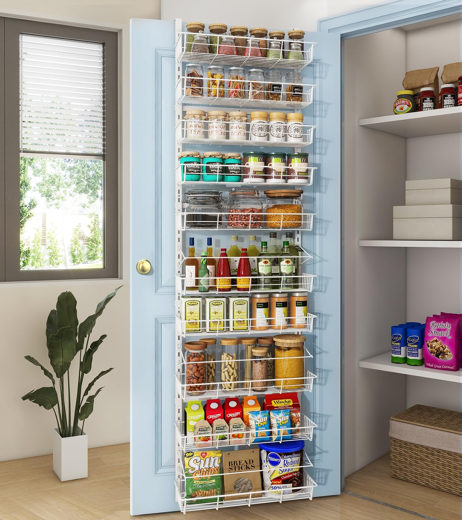 Mefirt organizador de despensa para puerta, vista frontal, ahorro de espacio en la cocina.