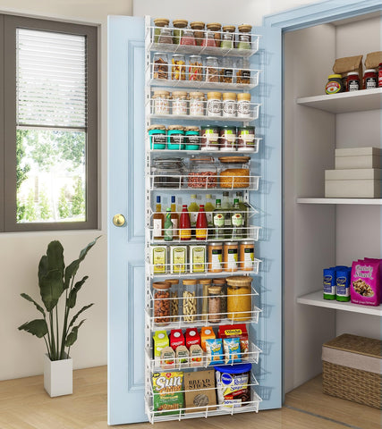 Mefirt organizador de despensa para puerta, vista frontal, ahorro de espacio en la cocina.