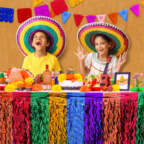 Mega-L Fiesta falda de mesa en onda azul crea atmósfera festiva y llamativa.