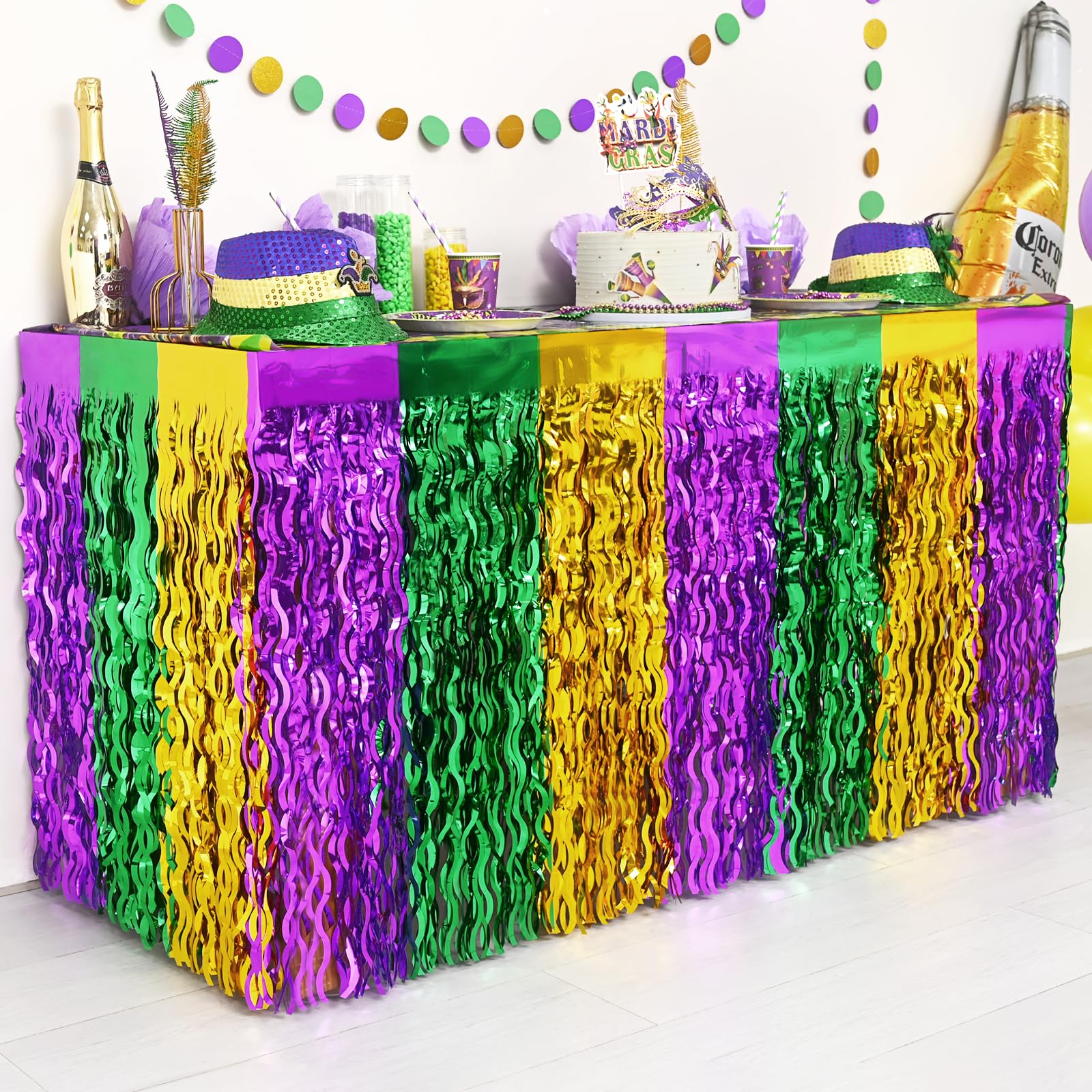 Mega-L Mardi Gras falda de mesa con franja tinsel púrpura-verde-oro para acabado festivo