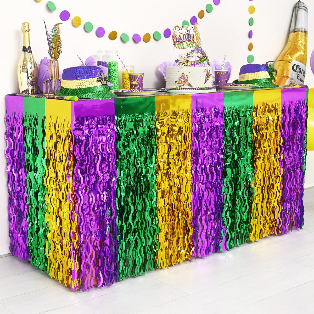 Mega-L Mardi Gras falda de mesa con franja tinsel púrpura-verde-oro para acabado festivo