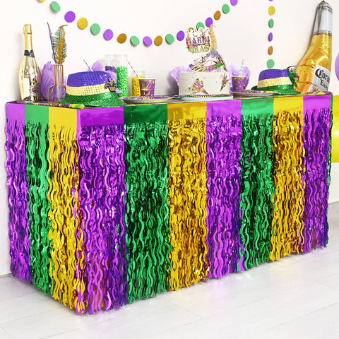 Mega-L Mardi Gras falda de mesa con franja tinsel púrpura-verde-oro para acabado festivo