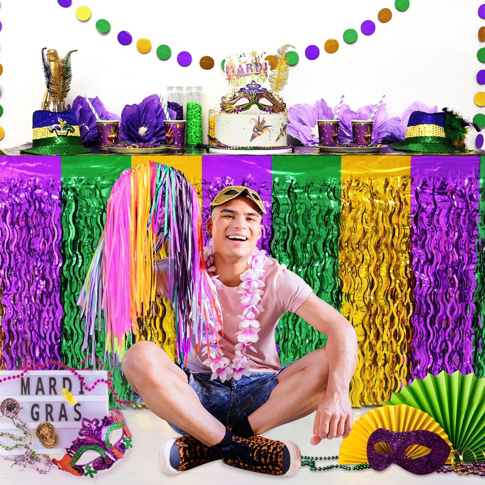 Mega-L Mardi Gras paquete de dos faldas para dos mesas