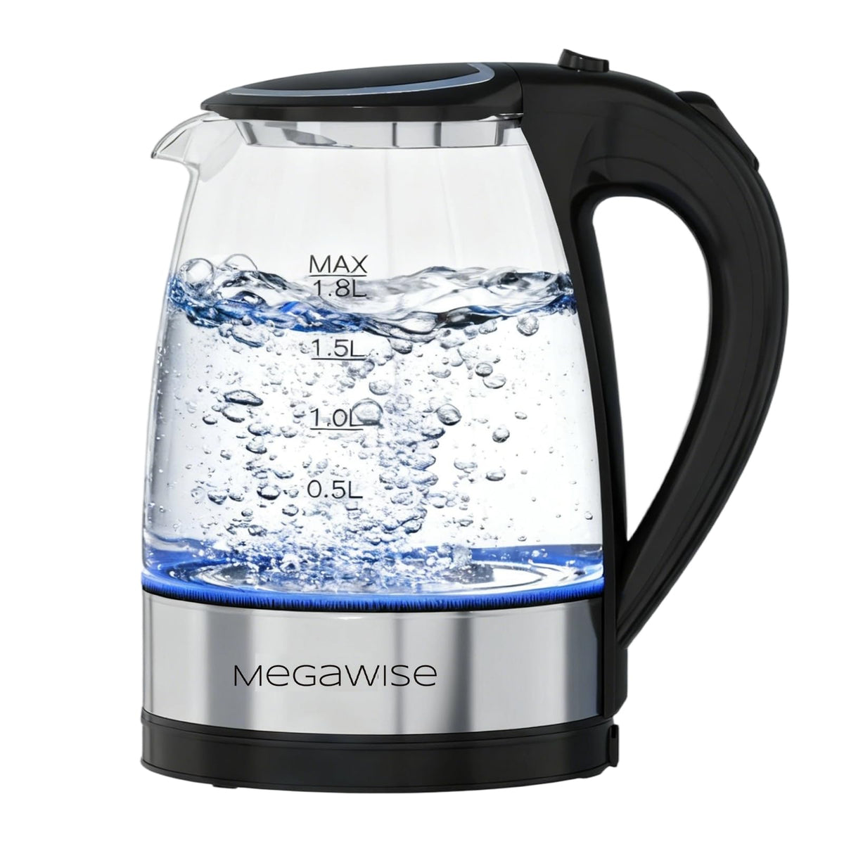 Megawise hervidor de vidrio 1.8L, listo para hervir agua rápida y segura.