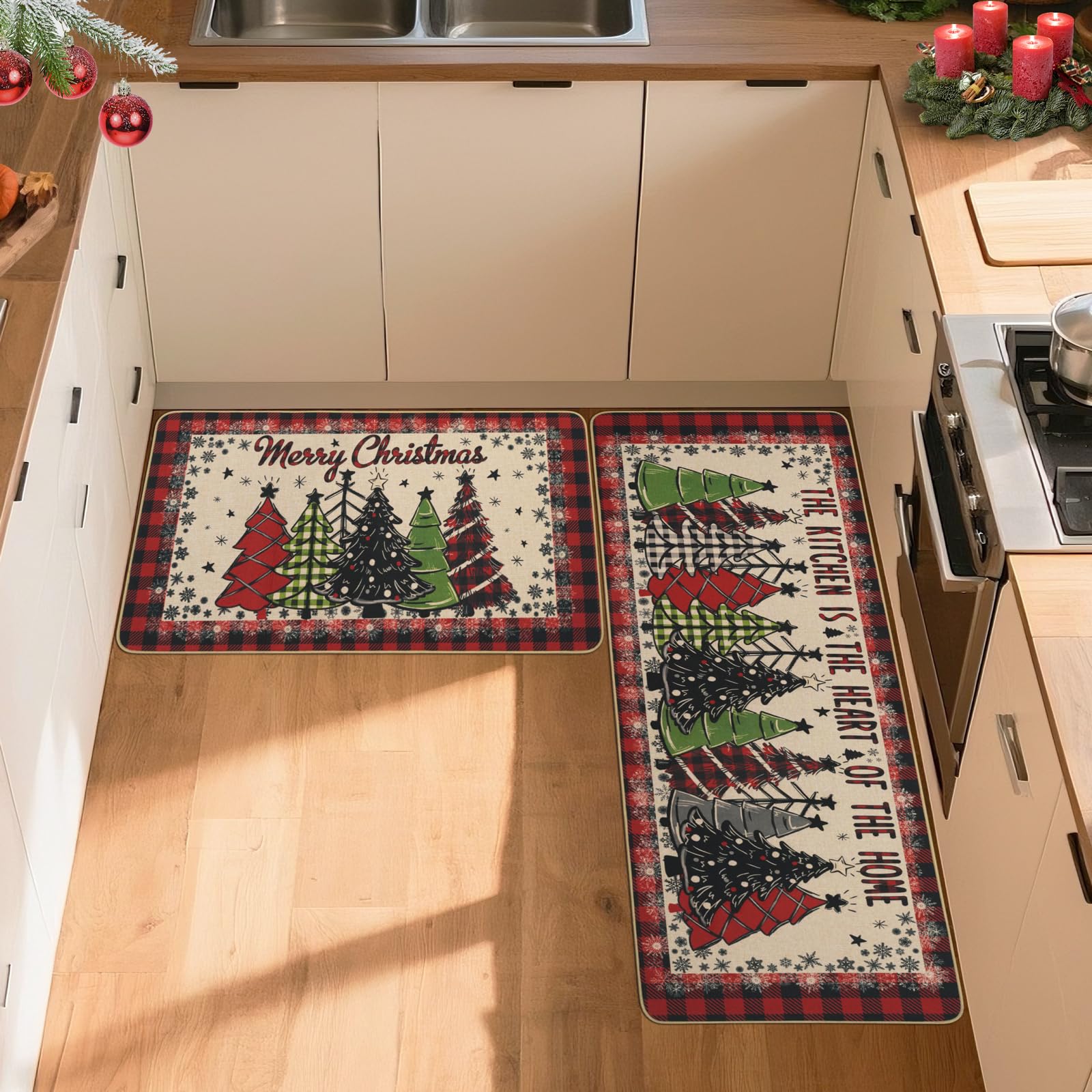MEHOFOND alfombra Navidad bufalo rojo 17x47 para cocina amplia, estilo festivo.